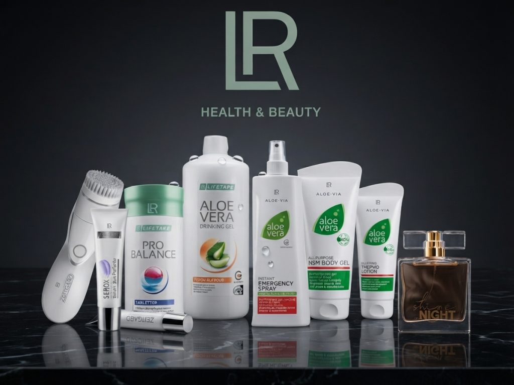 Coleção premium de produtos LR Health & Beauty Portugal, incluindo géis de beber Aloe Vera, cremes faciais e perfumes, para comprar em segurança