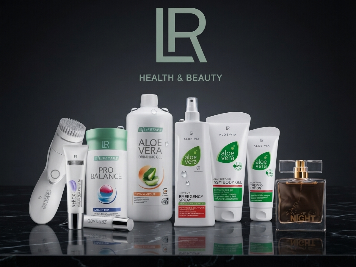 Coleção premium de produtos LR Health & Beauty Portugal, incluindo géis de beber Aloe Vera, cremes faciais e perfumes, para comprar em segurança